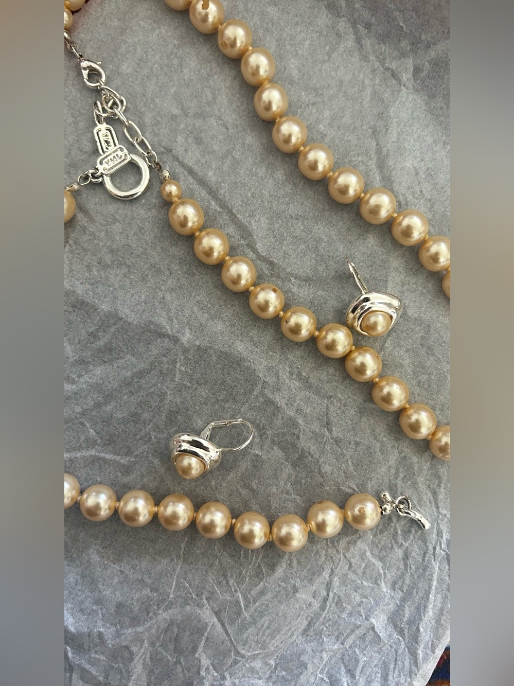 Pearl-Strand Necklace bracelet and Earrings Set in Champagne Gold - 3 Piece